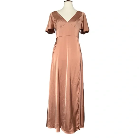 AZAZIE LANI Satin A-Line Flounce Sleeve Stretch Satin Floor-Length Dress  Bronzer